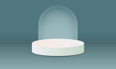 Yeşil zemin üzerinde beyaz daire ile ürün sunumu için beyaz podyum, 3 boyutlu görüntüleme, 3 boyutlu illüstrasyon.