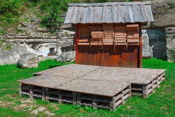 Wooden stage for outdoor concert . Village scene for open air concert