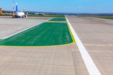 Airport Departure Area . Aircraft parking place near runway 