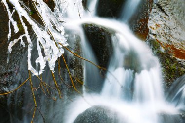 Long exposure frozen waterfall . Frost water cascade 