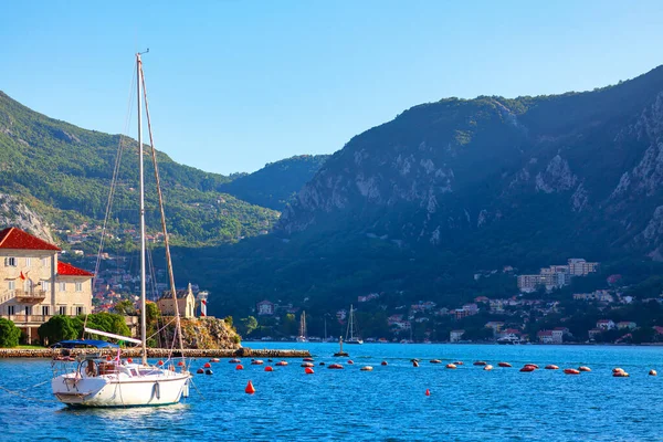 stock image Yacht moored at the Bay of Kotor . Bay of water in Montenegro