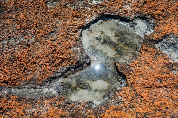 Vijver Van Zout Water Kustrots Gebarsten Stenen Muur Textuur Achtergrond — Stockfoto