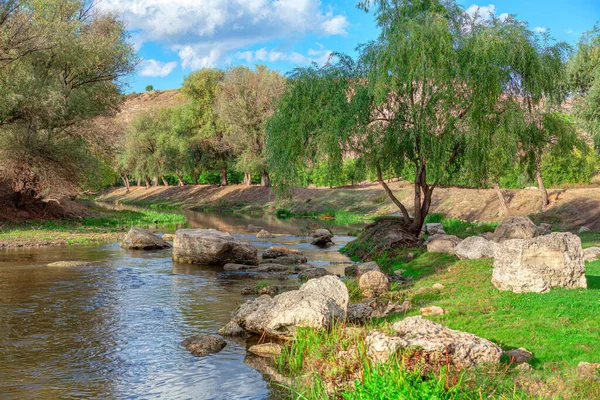 Güneşli Bir Bahar Gününde Parkta Nehir Bahar Manzarası Lkbaharda Küçük — Stok fotoğraf