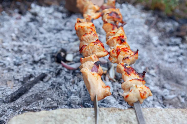 Shish Kebab Espetos Cozidos Nas Brasas — Fotografia de Stock