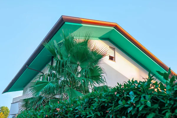 Green roof of a modern house against blue sky and palm trees
