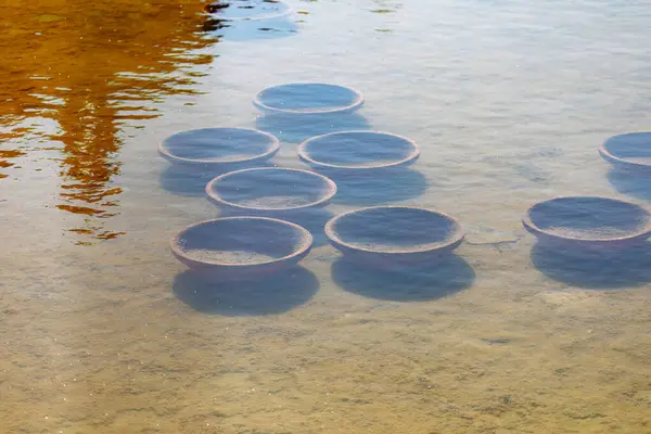 Decorative circles in transparent water on the fountain bottom in the city