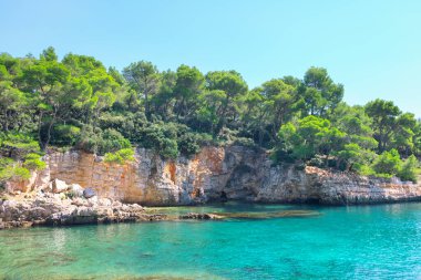 Tropikal plaj kayalık bir sahil ve turkuazla süslenmiş. Tıpkı cennetteki gibi.