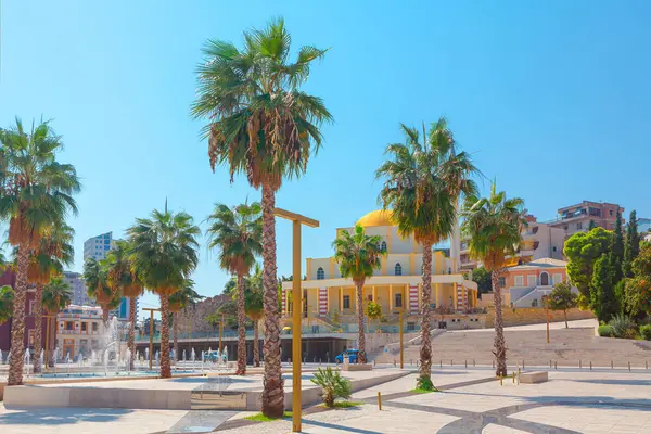 Sheshi Liria Town Square in Durres Albania . Town square with palm trees