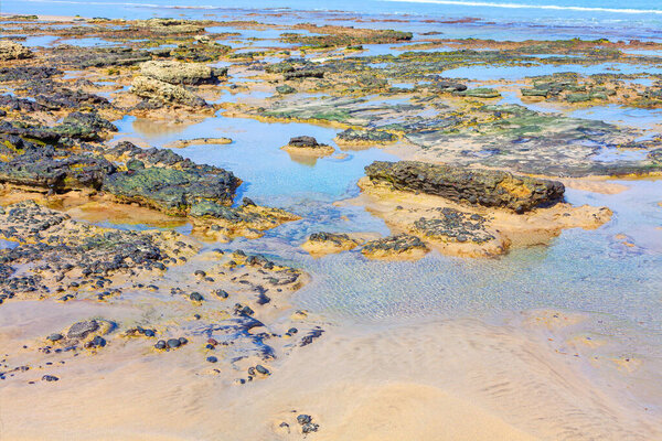Beautiful ocean coast with low tide. Rocks and sand on the shore