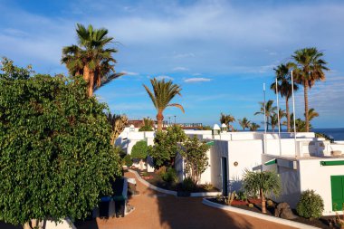 Tropik adadaki bungalovlar. Playa del Carmen, Lanzarote, Kanarya Adaları, İspanya