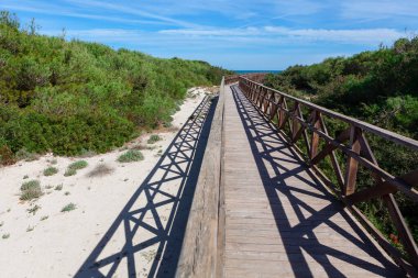 Kumsalın üzerindeki tahta köprü, sahilin iki tarafını birbirine bağlıyor. Parc Natural de s'Albufera de Mallorca. Playa del Muro