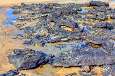 Ortasında su olan Rocky plajı. Su bulanık, kayalar büyük ve pürüzlü.