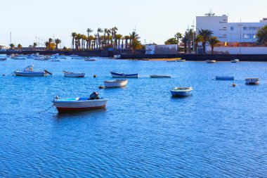 Sakin su ve Lanzarote Kanarya Adaları 'ndan Arrecife' deki birçok tekneyle.