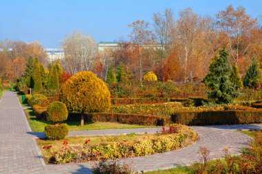 Sonbaharda süs bahçesinde dolambaçlı tuğla yolu. Sonbahar parkında yürüyüş yolu 