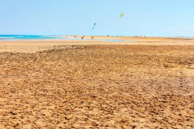  Kumsalda birkaç kişi ve gökyüzünde uçan bir uçurtma. Güneşli sahil, dalgalar yavaşça arka plana vuruyor.