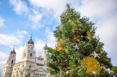 Christmas tree stands in front of a charming church. Festive holiday scene. Metropolitan Cathedral in Iasi Romania clipart