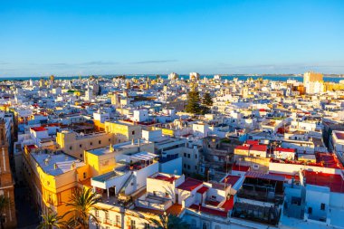 İspanya 'daki canlı Cadiz şehrinin gökyüzü manzarası, sayısız binayla dolu.