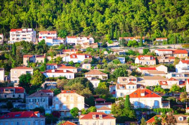 Dalmaçya Hırvatistan 'ın Dubrovnik kentinde kiremit çatılı konutlar. Yeşil tepedeki evler
