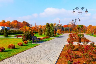 Serene Park sahnesinde elektrik direğinin altındaki banklar vardı. Sonbahar sezonunda Chisinau Moldova 'dan Dendrariu Park