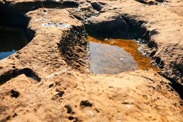 Su havuzları ile aşınmış kireçtaşı oluşumları engebeli kıyı manzaraları yaratır. Güneş ışığı, nemli ve kuru alanlara zıt desenli yüzeyi vurgular. Malta 'da yakalanan doğa jeolojik tarihi gözler önüne seriyor