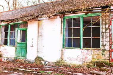 Yeşil pencereleri ve kapısı olan terk edilmiş eski bir bina. Boya soyma, yosun büyümesi ve kırık cam gibi önemli bozulma belirtileri gösteriyor. Yıpranmış yapı, unutulmuş hikayeleri çağrıştırıyor.