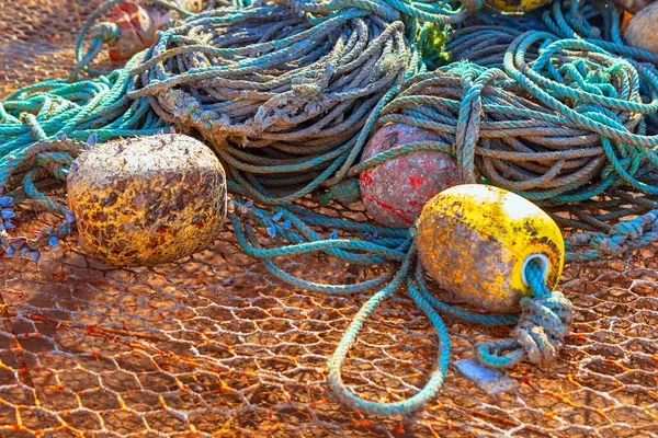 Yıpranmış halat ve ağlar, aşınmış şamandıralar ve sarı ve kahverengi tonlarda şamandıralar. Sahne, deniz yaşamının engebeli ve çalışkan özünü yakalar, ekipmanlar yayılır. 