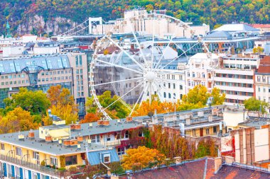 Budapeşte 'nin renkli sonbahar manzarası. Tarihi ve modern binalarla çevrili Budapeşte Göz Dönme dolabı. Canlı yeşillik ve mimari çeşitlilik canlı ve dinamik bir şehir manzarası yaratır.