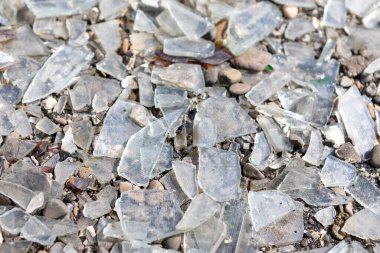 Dağınık cam parçaları, küçük taşlar ve toprakla karıştırılmış, zemini kaplıyor. Kırık cam parçaları dünyayı kirletiyor. Parçalanmış şeylere bir vasiyet.
