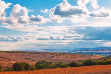 Uçsuz bucaksız mavi gökyüzünün altında tüylü bulutlarla panoramik bir manzara. Altın, kuru tarlalar ve yuvarlanan tepeler mesafeye kadar uzanıyor.
