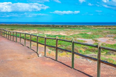 Ahşap çitler kıyı şeridi boyunca uzanır yeşil tarlalara ve mavi okyanusa bakan parçalı bulutlu bir gökyüzünün altında. Manzara, Kanarya Adaları kıyılarının doğal güzelliğini ve huzurunu yakalar.