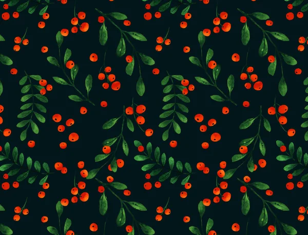 Christmas Leaf Berries Watercolor Seamless Dark Background — Stock Photo, Image