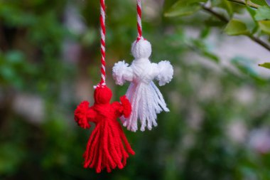 Traditional Martisor on green tree branch - symbol of 1 March, Martenitsa, Baba Marta, beginning of spring and seasons changing in Romania, Bulgaria, Moldova. Greeting and post card for holidays.