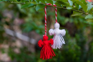 Traditional Martisor on green tree branch - symbol of 1 March, Martenitsa, Baba Marta, beginning of spring and seasons changing in Romania, Bulgaria, Moldova. Greeting and post card for holidays.