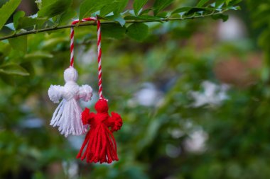 Traditional Martisor on green tree branch - symbol of 1 March, Martenitsa, Baba Marta, beginning of spring and seasons changing in Romania, Bulgaria, Moldova. Greeting and post card for holidays.