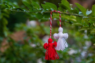 Traditional Martisor on green tree branch - symbol of 1 March, Martenitsa, Baba Marta, beginning of spring and seasons changing in Romania, Bulgaria, Moldova. Greeting and post card for holidays.