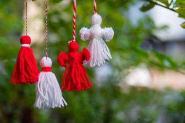 Traditional Martisor on green tree branch - symbol of 1 March, Martenitsa, Baba Marta, beginning of spring and seasons changing in Romania, Bulgaria, Moldova. Greeting and post card for holidays.