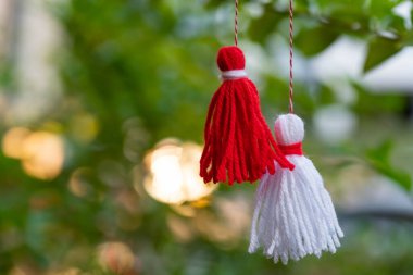 Traditional Martisor on green tree branch - symbol of 1 March, Martenitsa, Baba Marta, beginning of spring and seasons changing in Romania, Bulgaria, Moldova. Greeting and post card for holidays.