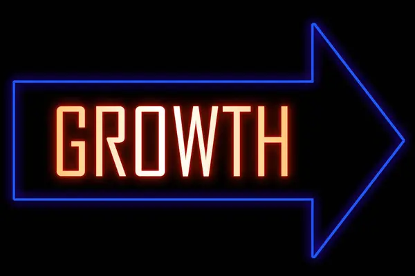 Neon arrow sign with text. Word Growth, concept for business success, financial results, banking, earnings growth and revenue, stock market.