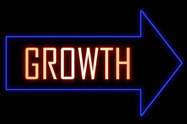 Metinli neon ok işareti. Word Growth, ticari başarı kavramı, mali sonuçlar, bankacılık, gelir artışı ve gelir, borsa.