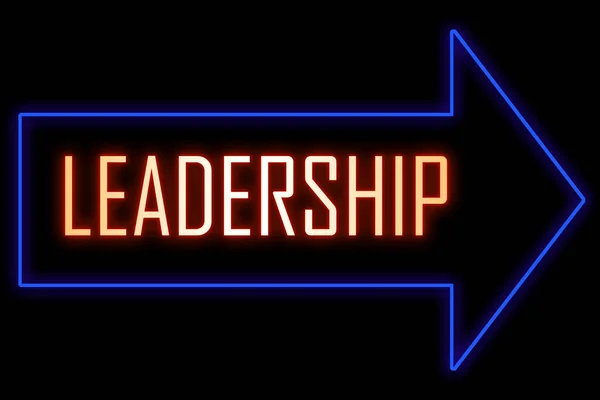 Neon arrow sign with text. Word Leadership. Business, vision, wisdom, skillful, decision, teamwork and success concept.