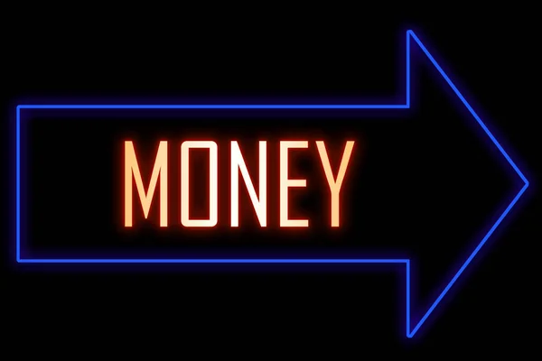 Neon arrow sign with text. Word Money. Finance, Abundance and Wealth concept.