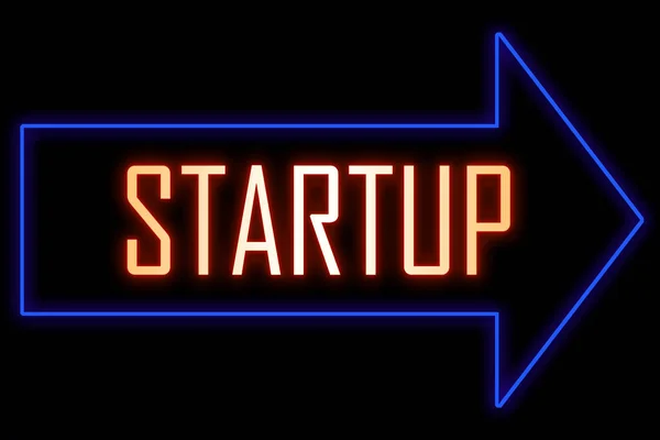 Neon arrow sign with text. Word Startup. Navigating the Start up Journey concept.