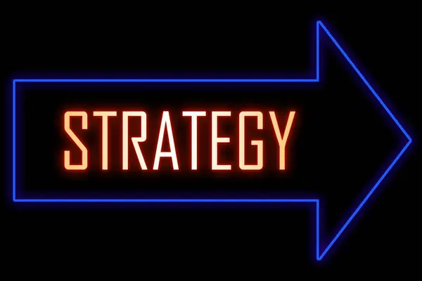 Neon arrow sign with text. Word Strategy. Strategic Mastery: Crafting Your Path to Success concept.