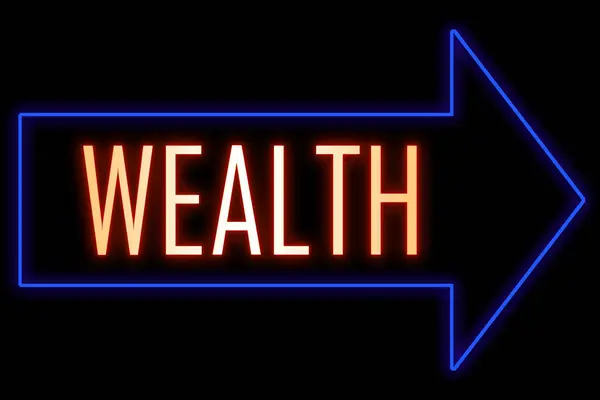 Neon arrow sign with text. Word Wealth. Finance, abundance and money concept.