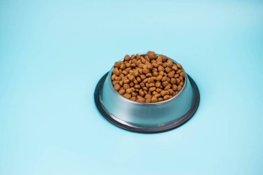 Metal kasedeki kahverengi kedi ya da köpek maması üst görüntüyü izole etti. Besleyici, sağlıklı, evcil hayvan mamaları etrafa saçılmış, düşmüş ve kaseyi şelaleye çevirmiş. Kuru kedi veya köpek maması bir kaseden dökülür..