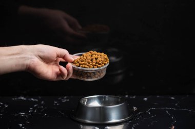 Metal kasedeki kahverengi kedi ya da köpek maması üst görüntüyü izole etti. Besleyici, sağlıklı, evcil hayvan mamaları etrafa saçılmış, düşmüş ve kaseyi şelaleye çevirmiş. Kuru kedi veya köpek maması bir kaseden dökülür..