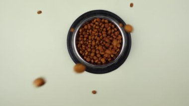 Metal kasedeki kahverengi kedi ya da köpek maması üst görüntüyü izole etti. Besleyici, sağlıklı, evcil hayvan mamaları etrafa saçılmış, düşmüş ve kaseyi şelaleye çevirmiş. Kuru kedi veya köpek maması bir kaseden dökülür.. 