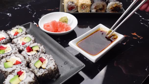 Close Hands Chopsticks Eating Japanese Food Traditional Asian Rolls Maki — Stock Video