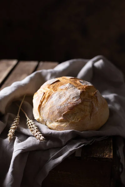 Bread Cloth Napkin Table Homemade Bread Wooden Tabletop Baking Concept — Stock Photo, Image