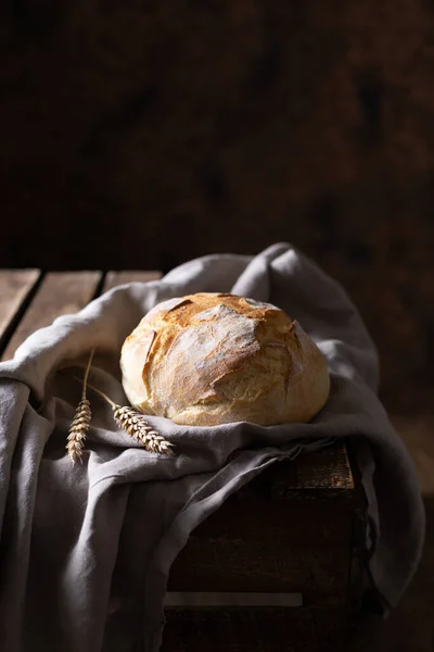 Bread Cloth Napkin Table Homemade Bread Wooden Tabletop Baking Concept — Stock Photo, Image